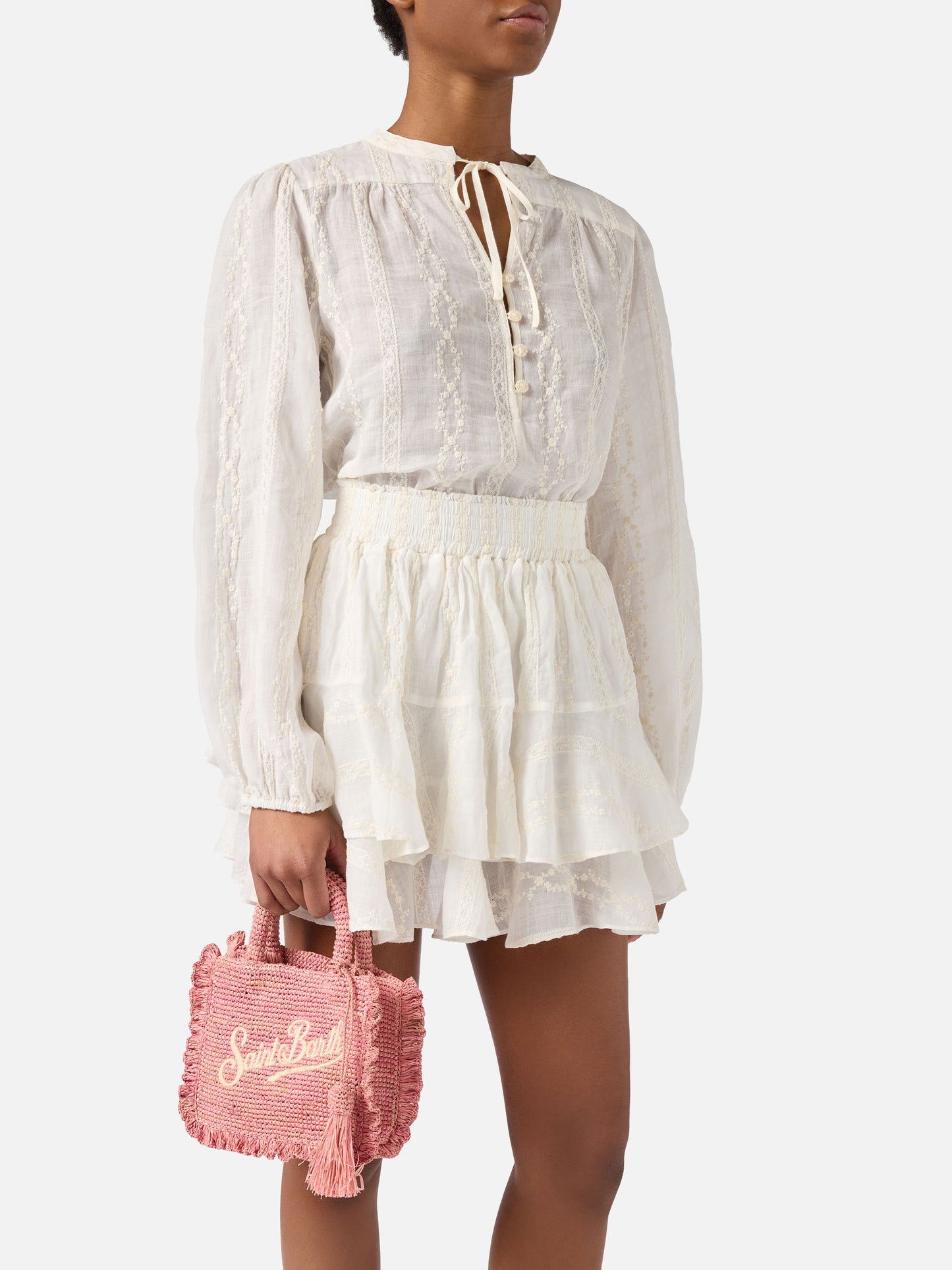 Borsa Volant Mini in raffia rosa con logo ricamato