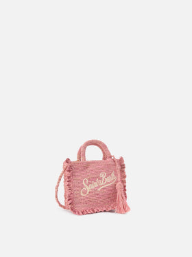 Borsa Volant Mini in raffia rosa con logo ricamato