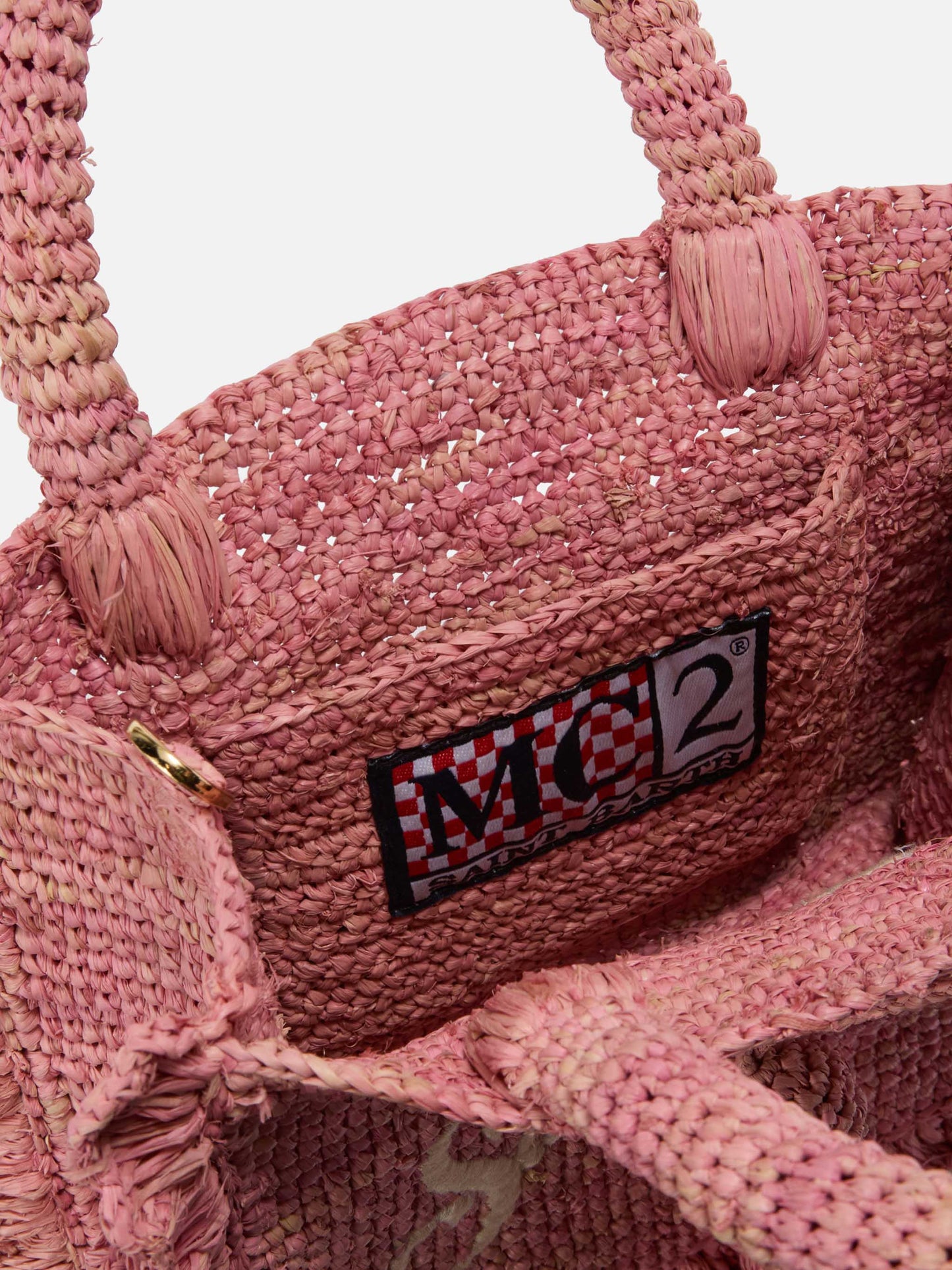 Borsa Volant Mini in raffia rosa con logo ricamato