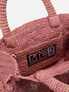 Borsa Volant Mini in raffia rosa con logo ricamato