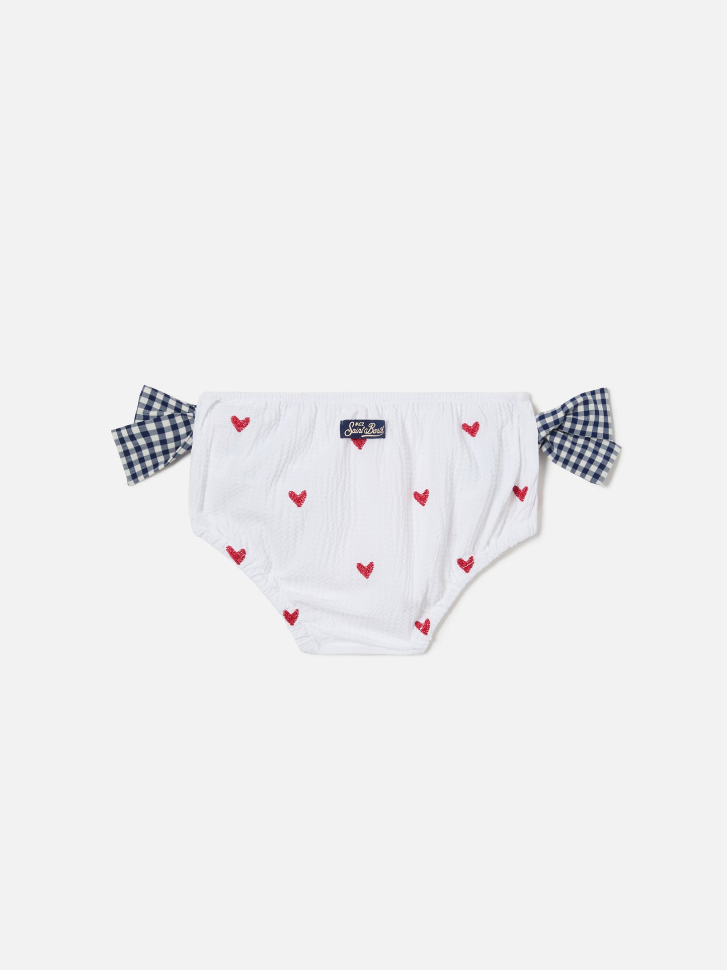 Rainbow swim bloomer in seersucker with hearts and vichy bows