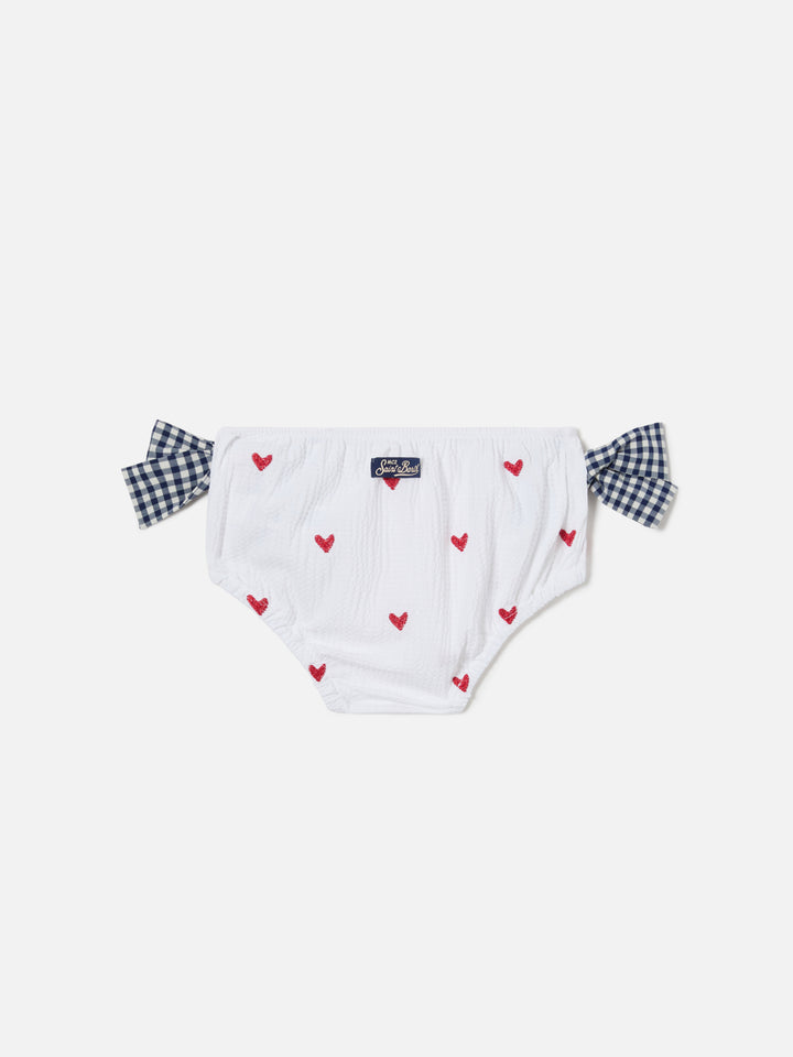 Rainbow swim bloomer in seersucker with hearts and vichy bows