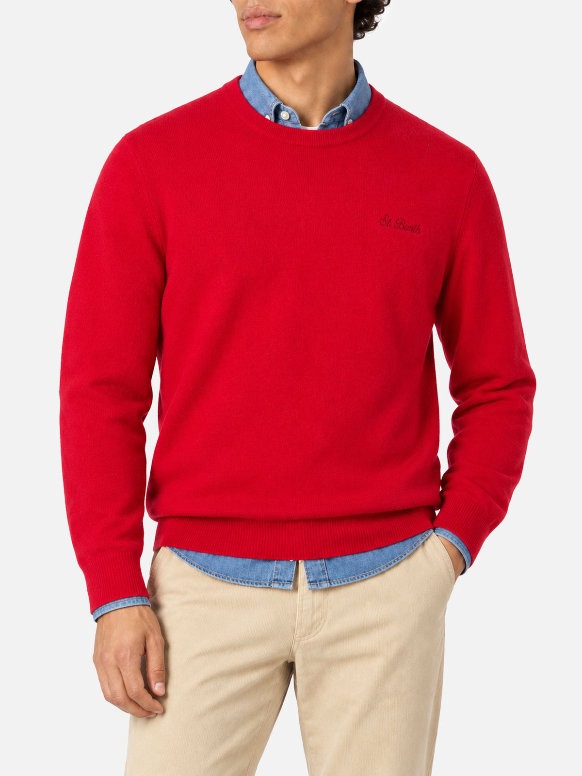 Red Regent crewneck sweater with tartan trim