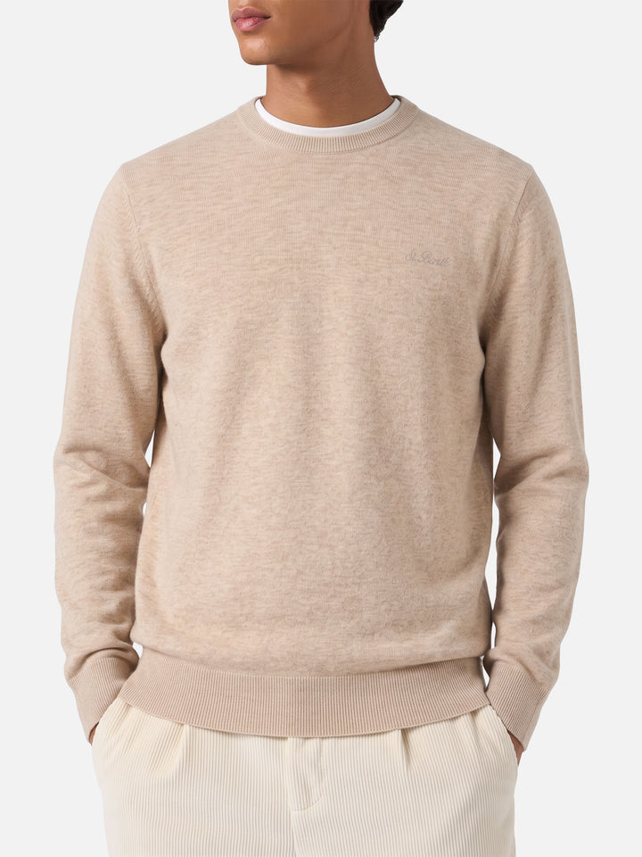 Beige Regent crewneck sweater with tartan trim