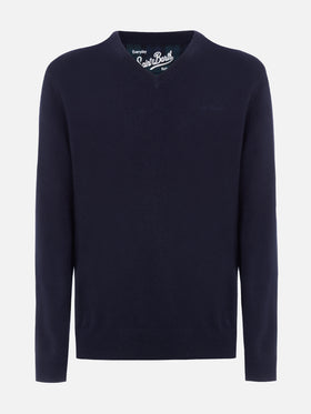 Marineblauer Pullover aus Kaschmirmischung mit V-Ausschnitt für Herren Regent