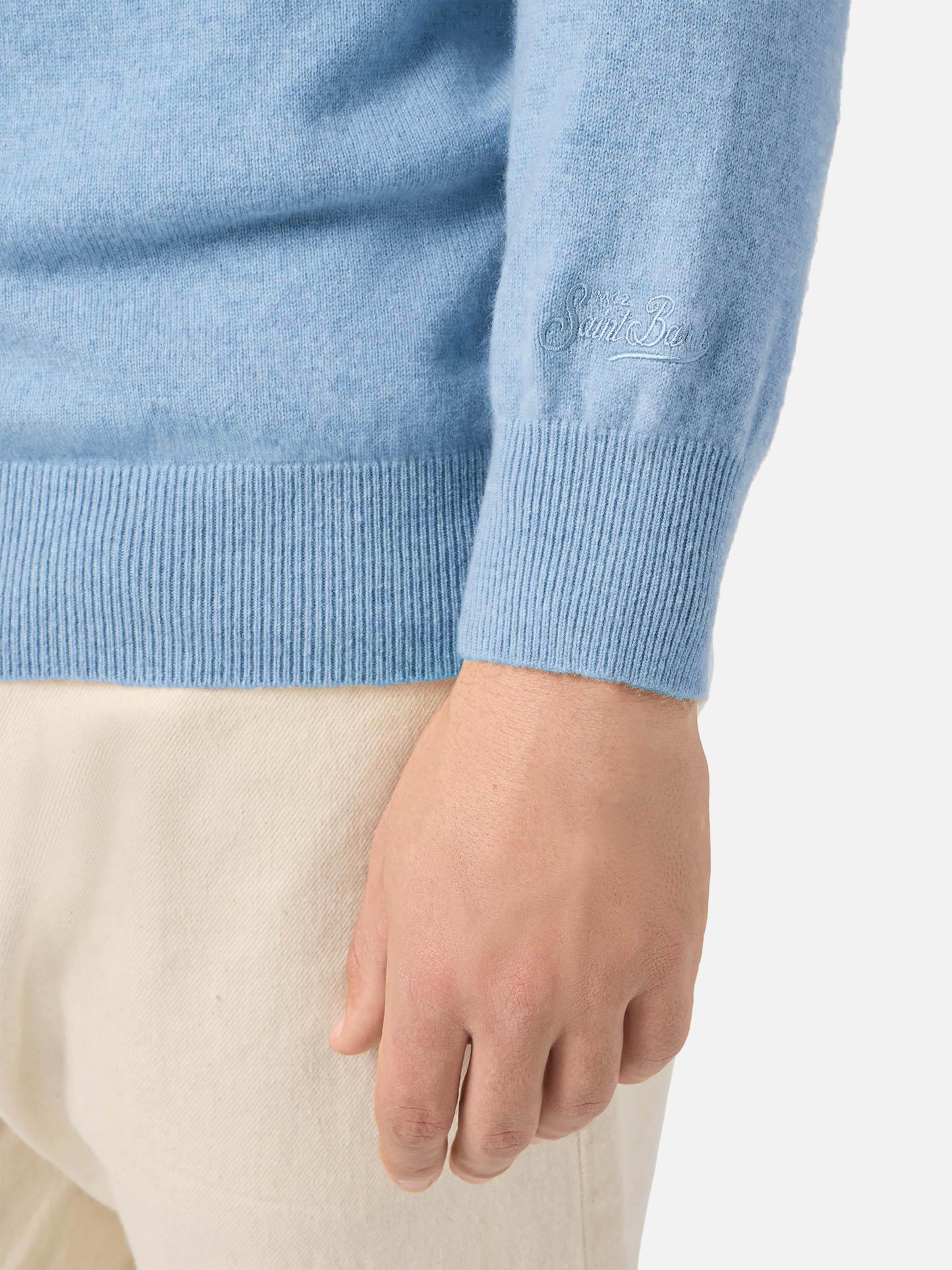 Regent crewneck sweater in 100% light blue CASHMERE