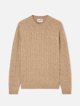 Pull à col rond Regent en laine kaki avec maille torsadée 