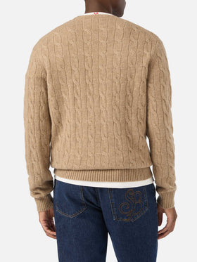 Pull à col rond Regent en laine kaki avec maille torsadée 