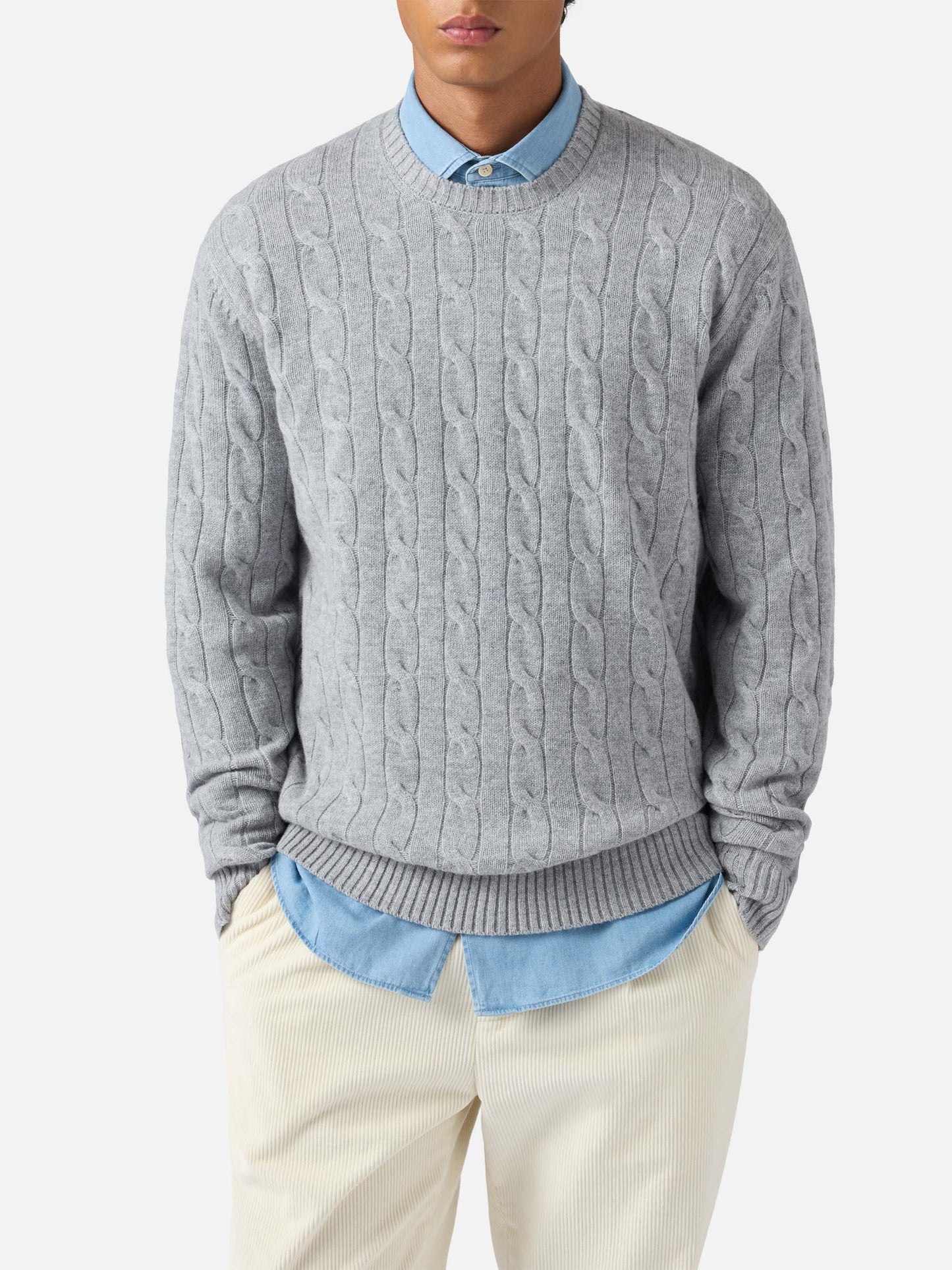 Crewneck cable-knit sweater Regent in grey melange 100% WOOL