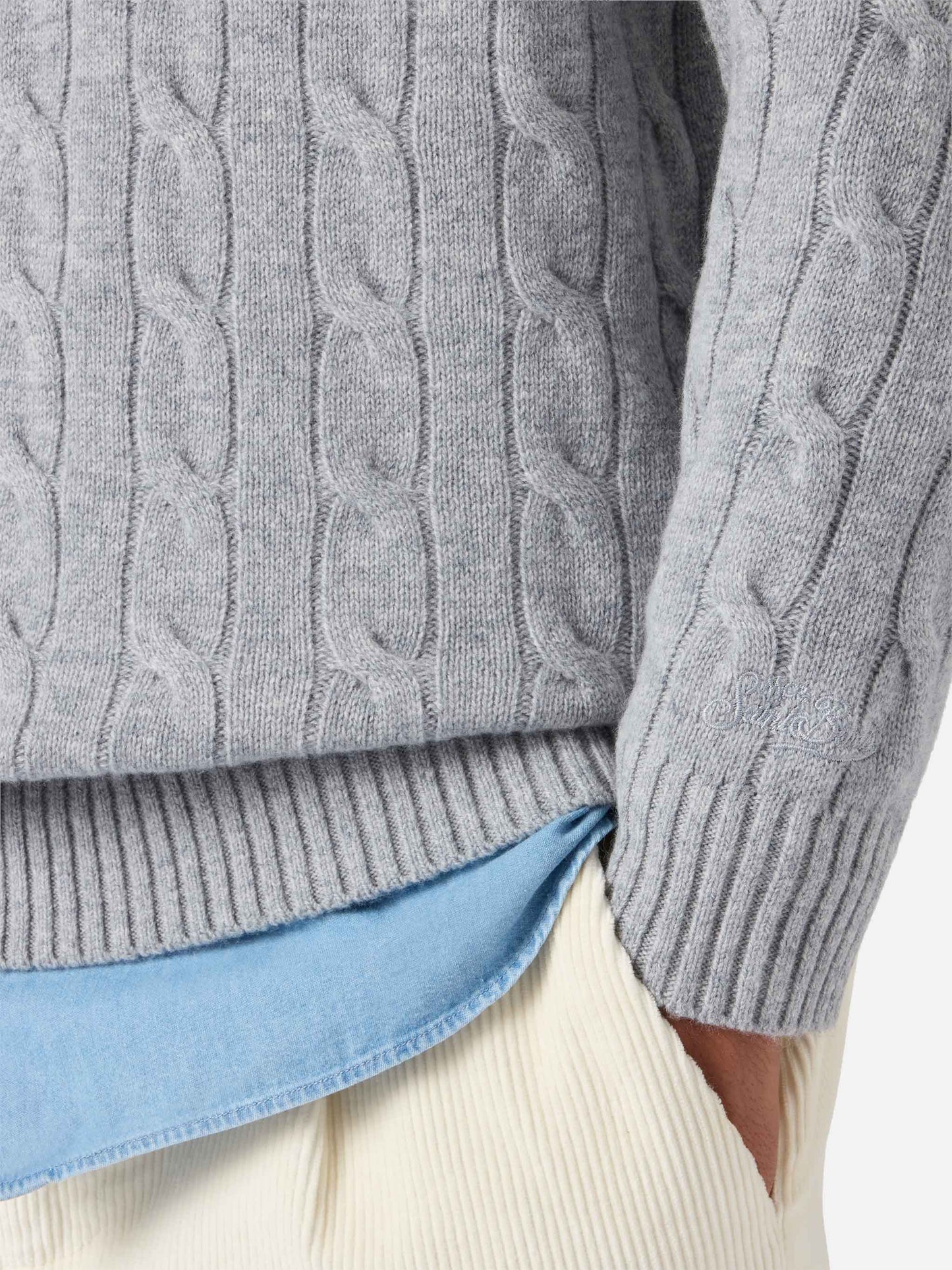 Crewneck cable-knit sweater Regent in grey melange 100% WOOL