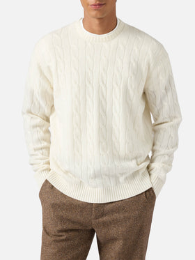 Crewneck cable-knit sweater Regent in 100% white WOOL