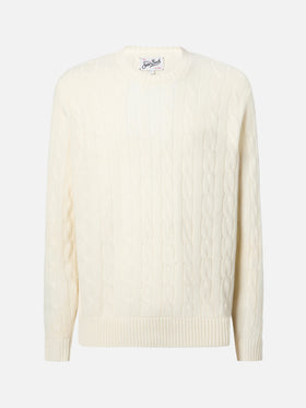 Crewneck cable-knit sweater Regent in 100% white WOOL