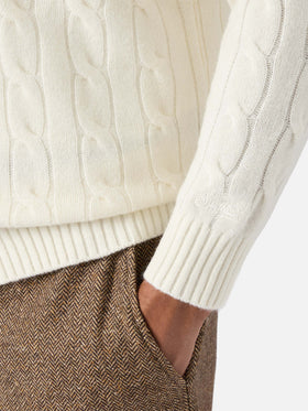 Crewneck cable-knit sweater Regent in 100% white WOOL
