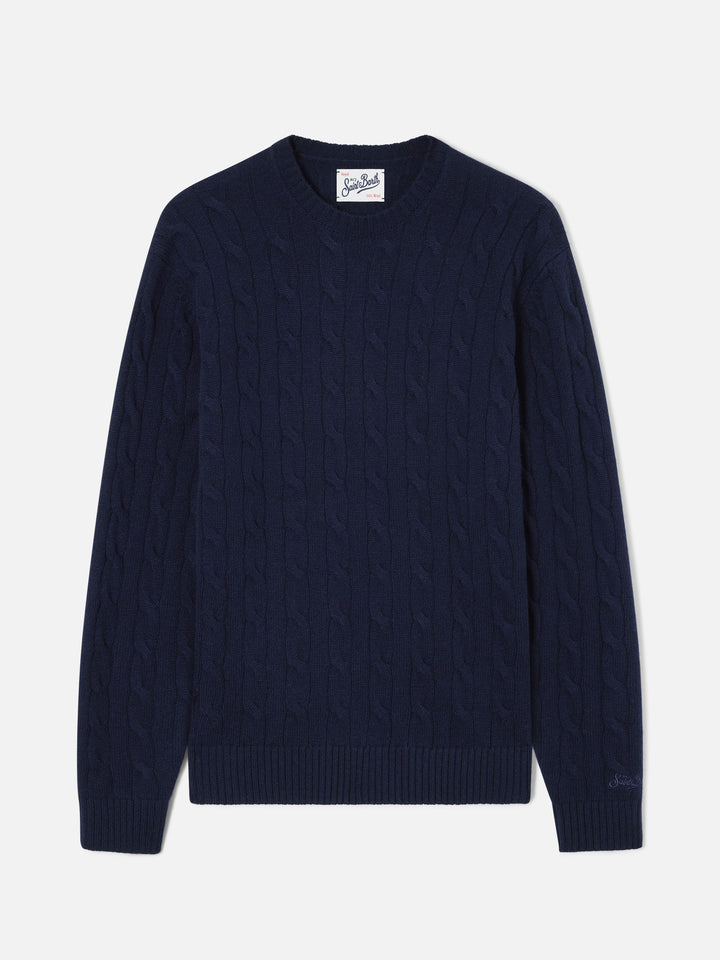 Navy blue Regent wool crewneck with cable knit