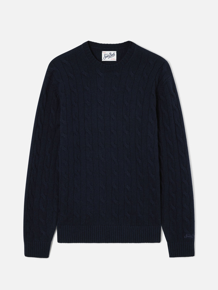 Jersey de cuello redondo Regent de lana con punto trenzado en Navy blue 