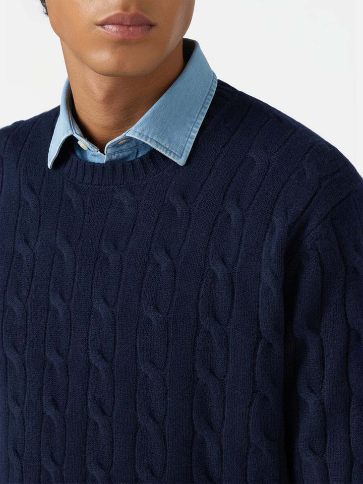 Maglione Regent a trecce in pura lana blu notte