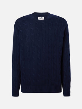Crewneck cable-knit sweater Regent in 100% navy WOOL