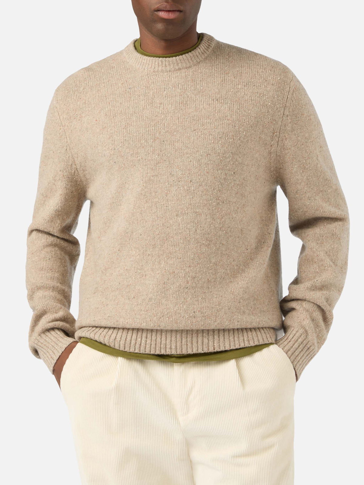 Khaki Regent wool blend Donegal knit crewneck