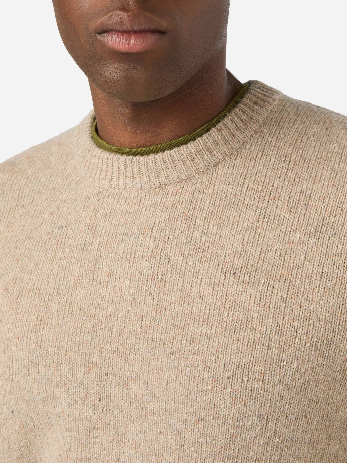 Khaki Regent wool blend Donegal knit crewneck