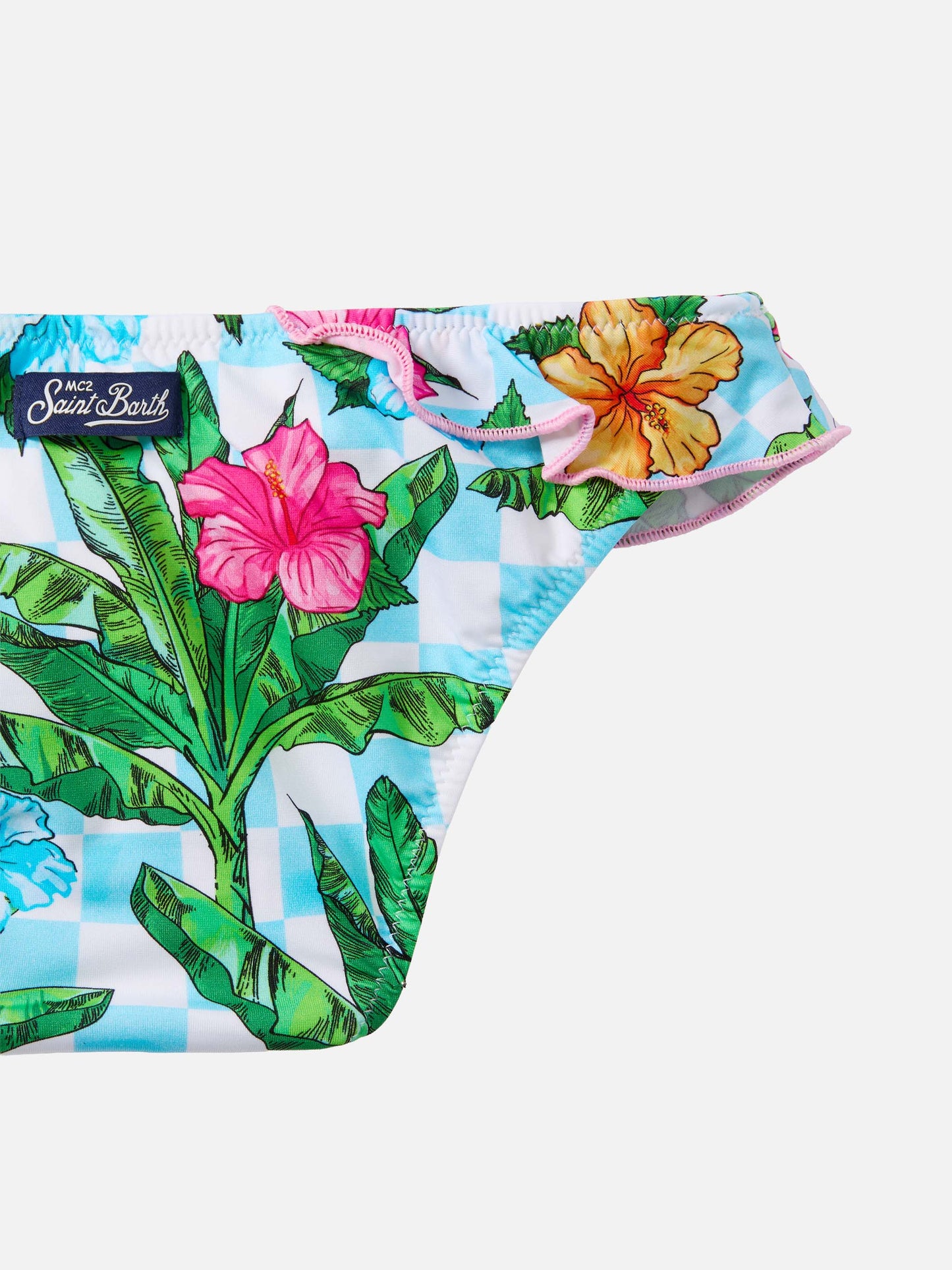 Rey one shoulder ruffled bikini with palm print