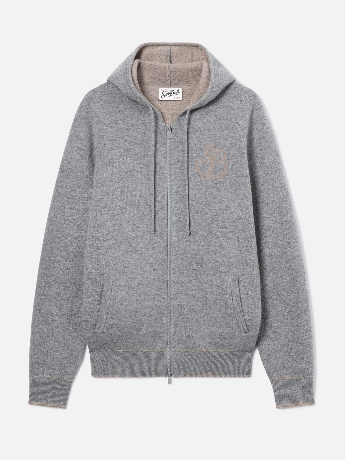 Maglia Ridge grigio melange in lana con cappuccio e monogramma SB Legacy