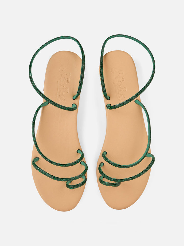 Flat Ring Sandals with green rhinestones - MC2 Saint Barth