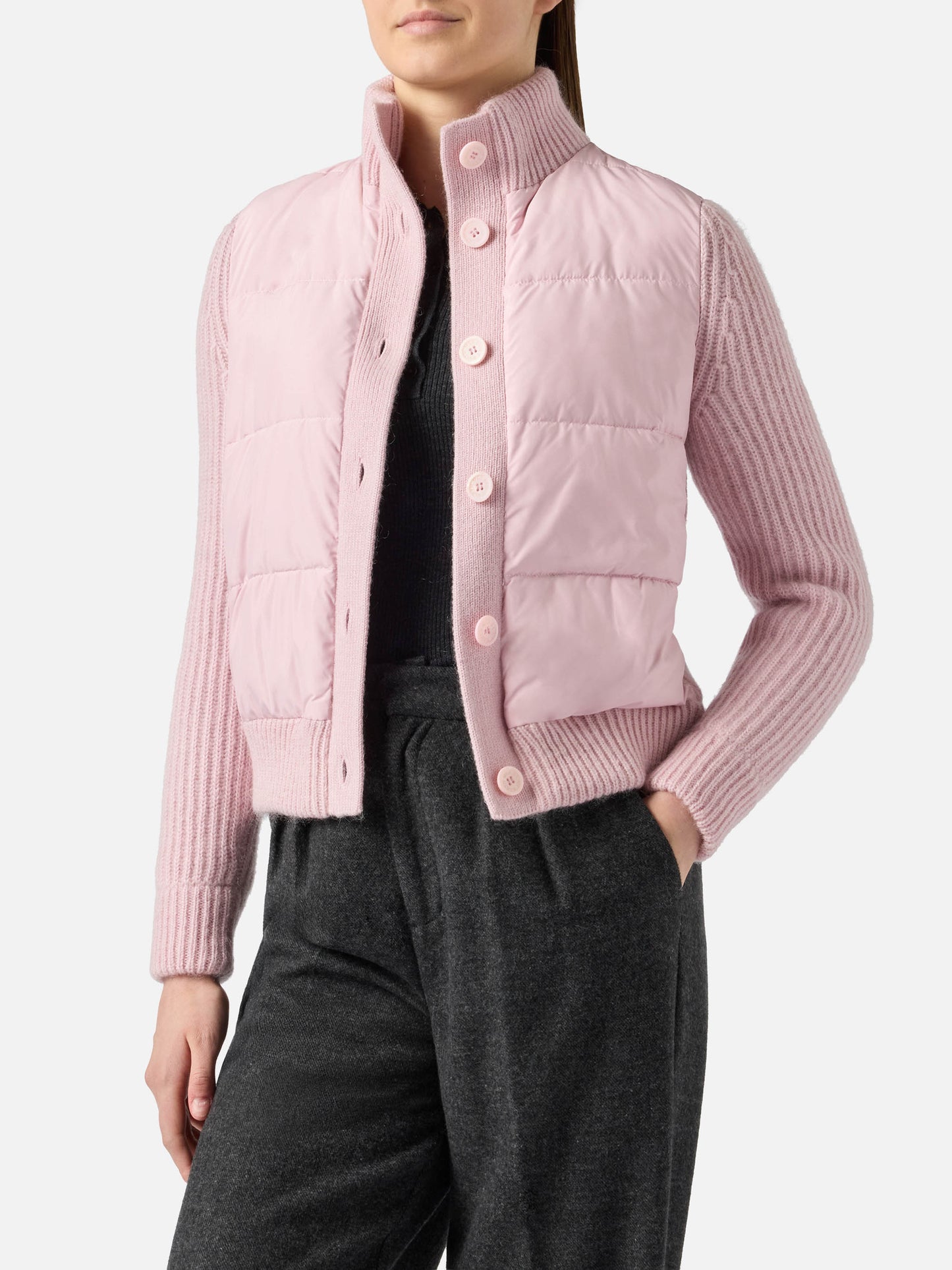 Woman  padded jacket with knitted sleeves