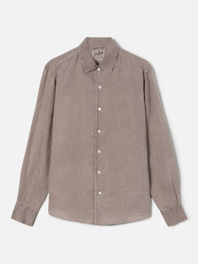 Brown Raphael shirt in pure linen with mineral garment dyeing