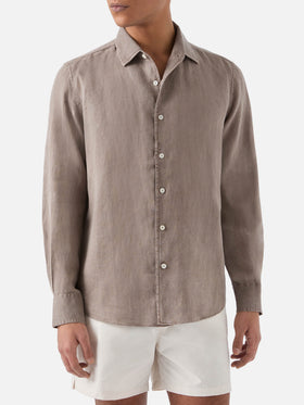 Brown Raphael shirt in pure linen with mineral garment dyeing