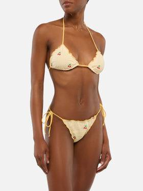 Miami seersucker cheeky swim briefs with striped print and cherry embroidery - Sagittarius seersucker triangle top with striped print and cherry embroidery