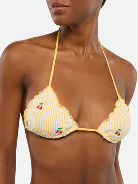 Miami seersucker cheeky swim briefs with striped print and cherry embroidery - Sagittarius seersucker triangle top with striped print and cherry embroidery