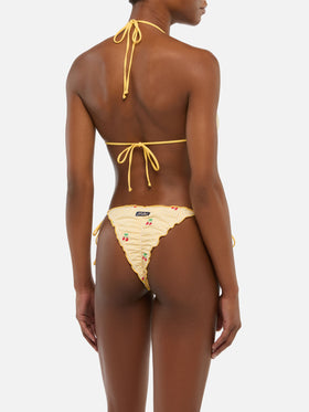 Miami seersucker cheeky swim briefs with striped print and cherry embroidery - Sagittarius seersucker triangle top with striped print and cherry embroidery
