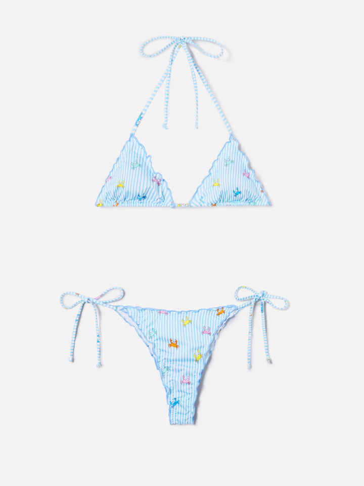 Bikini Sagitami triangle with white and light blue stripes and crab print
