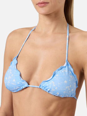Bikini Sagitami triangle in light blue with all-over micro tropical print