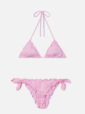 Bikini Sarius triangle in solid pink sangallo fabric