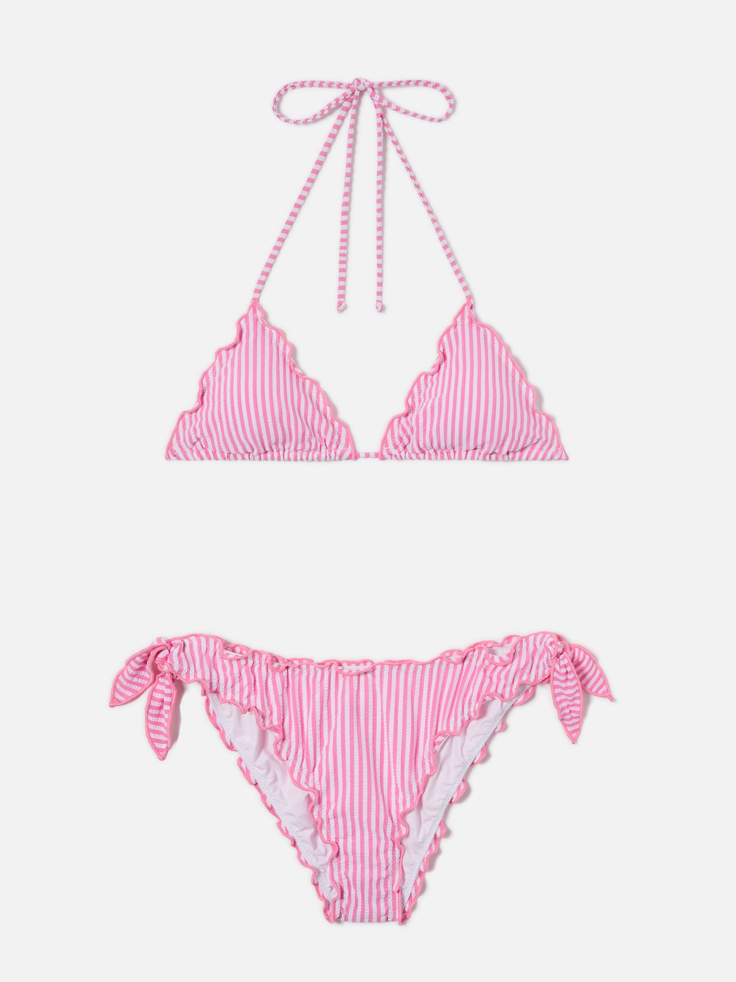 Bikini Sarius triangle in white and pink striped seersucker