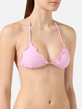 Bikini Sarius triangle in white and pink striped seersucker