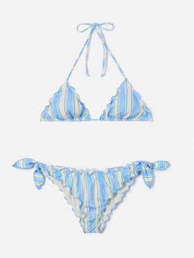 Bikini triangle Sarius à rayures verticales blanches et bleu clair 