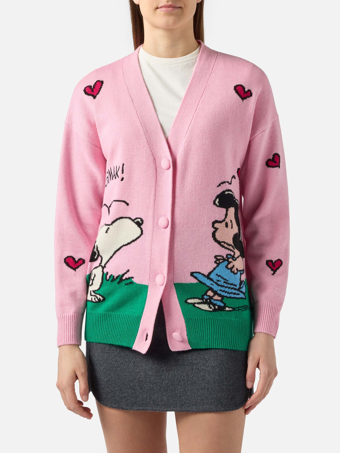 Sasi cashmere-blend cardigan in pink with Snoopy jacquard | PEANUTS SPECIAL EDITION