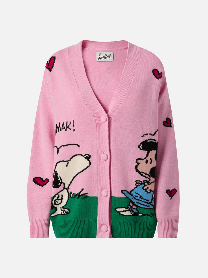Sasi Strickjacke aus Kaschmir-Mischgewebe in Rosa mit Snoopy-Jacquardmuster | PEANUTS SONDEREDITION