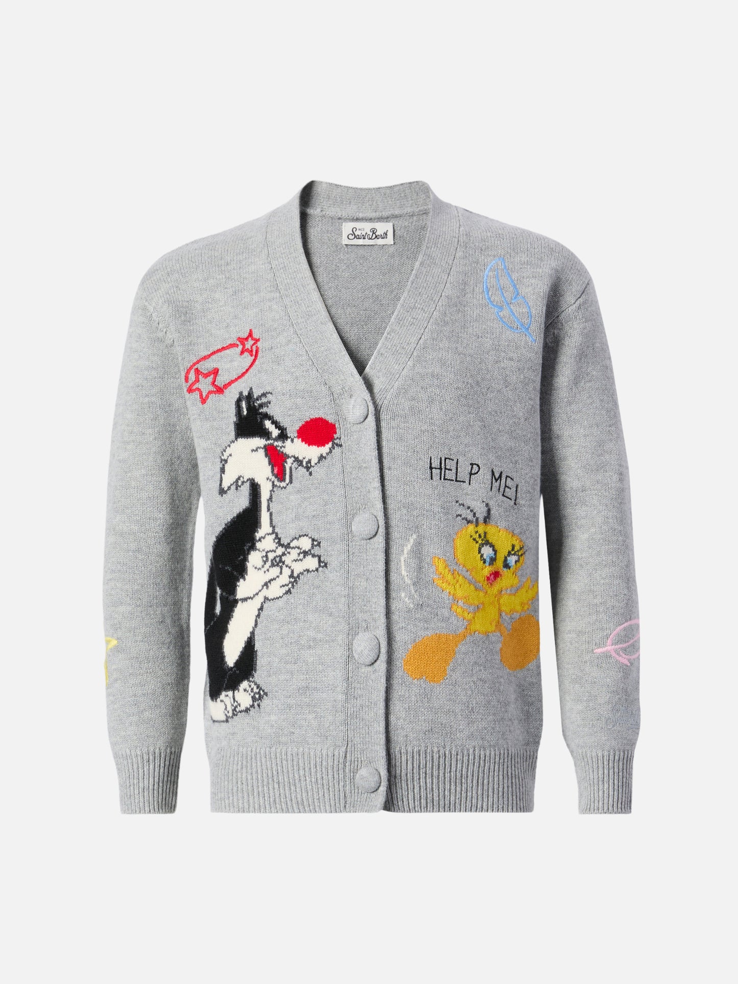 Sasi Jr cashmere-blend V-neck cardigan with Tweety and Sylvester jacquard | WARNER BROS SPECIAL EDITION