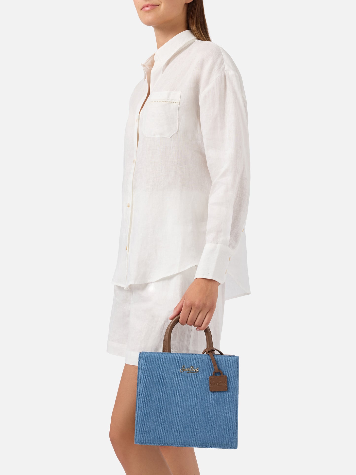 Sac midi Structured Shop en denim avec détails en cuir 