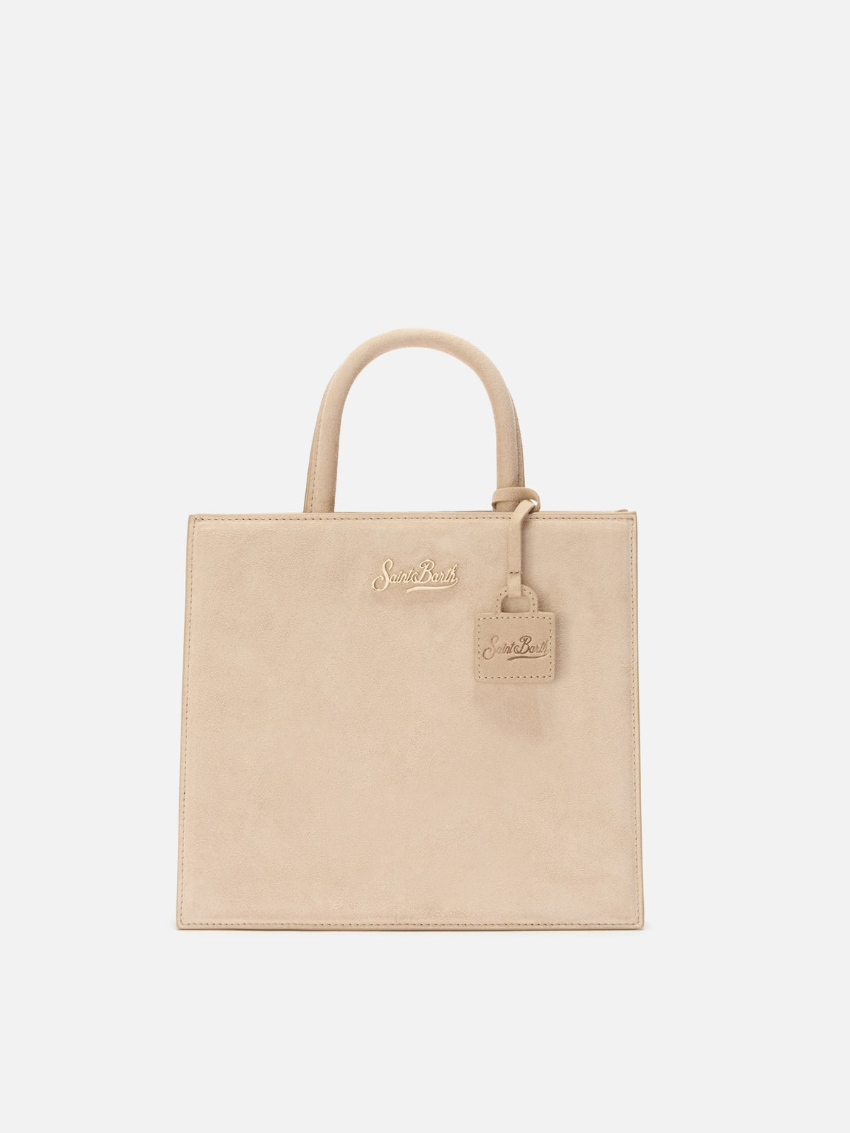 Sac shopping Medium beige en daim avec plaque logo en métal 