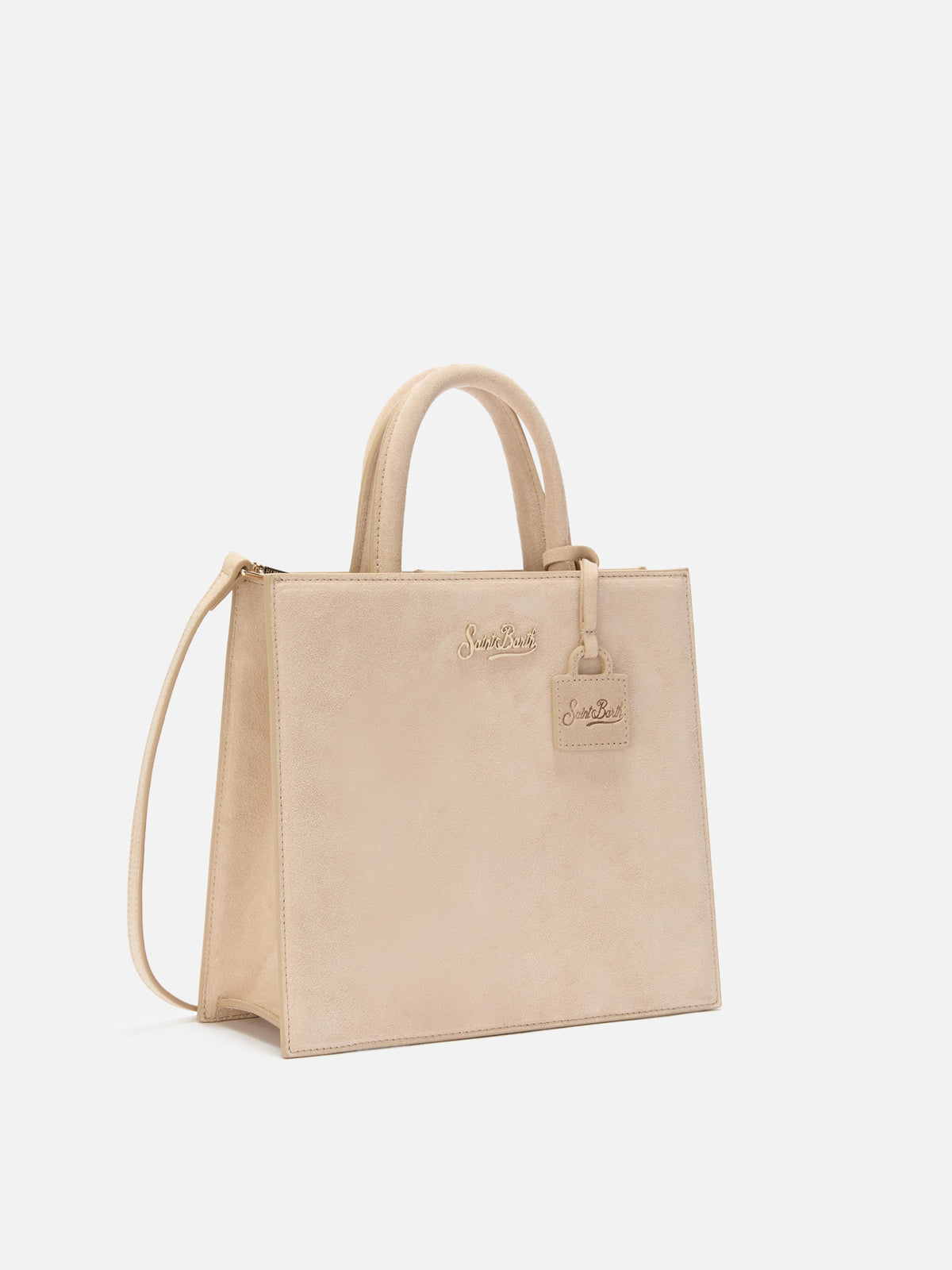 Sac shopping Medium beige en daim avec plaque logo en métal 