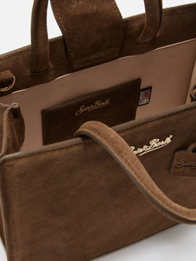 Braune mittelgroße Shopping-Bag aus Wildleder mit Logo-Schriftzug 