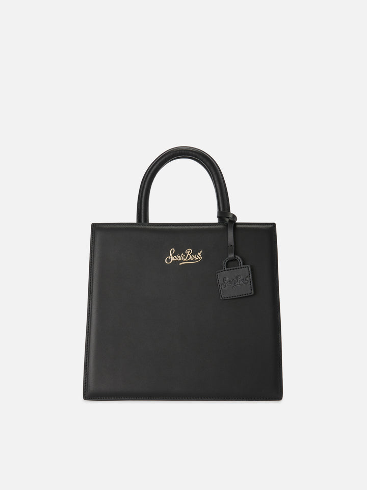 Bolso Structured Shop Midi en piel lisa negra con placa metálica 