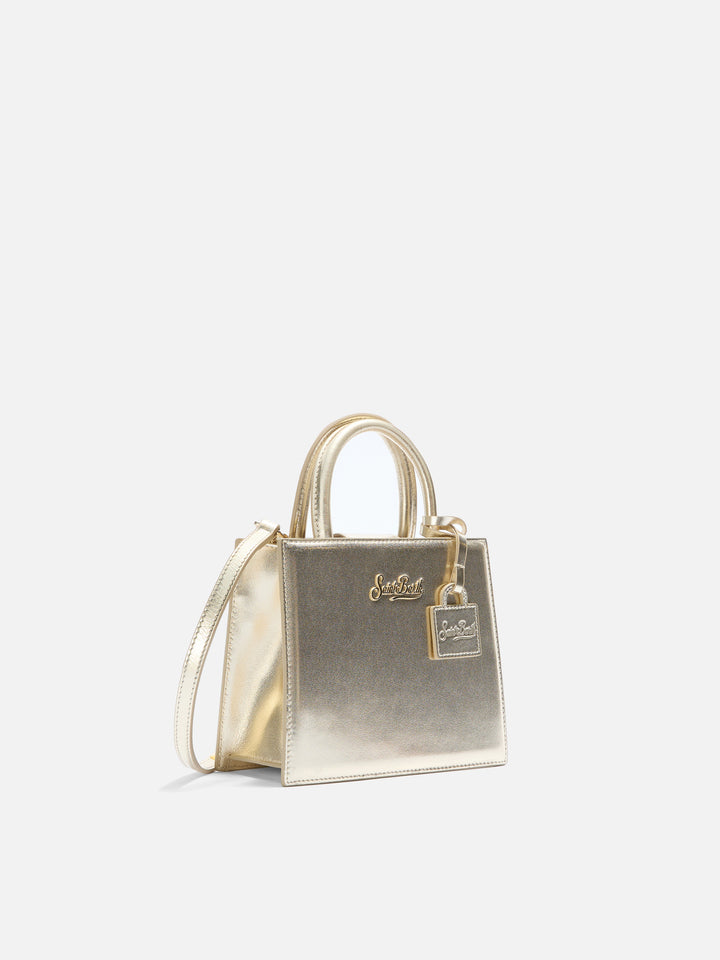 Structured Shop Mini bag in gold laminated leather with metal tag