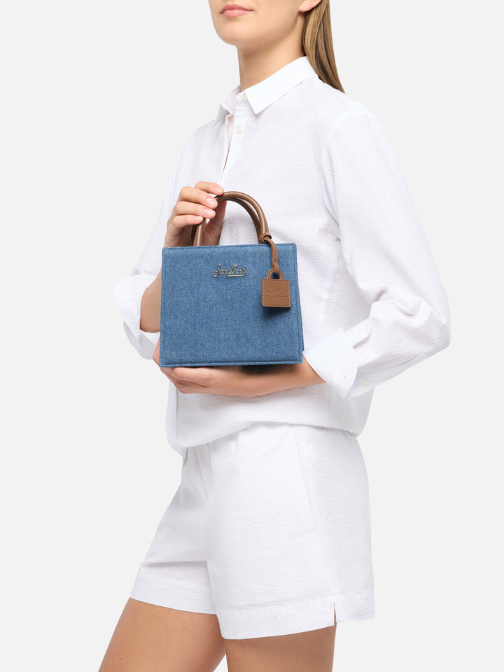 Shop Bag Mini in denim con dettagli in pelle