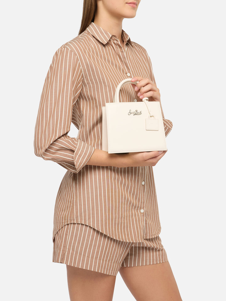 Structured Shop mini bag in white smooth leather with metal tag