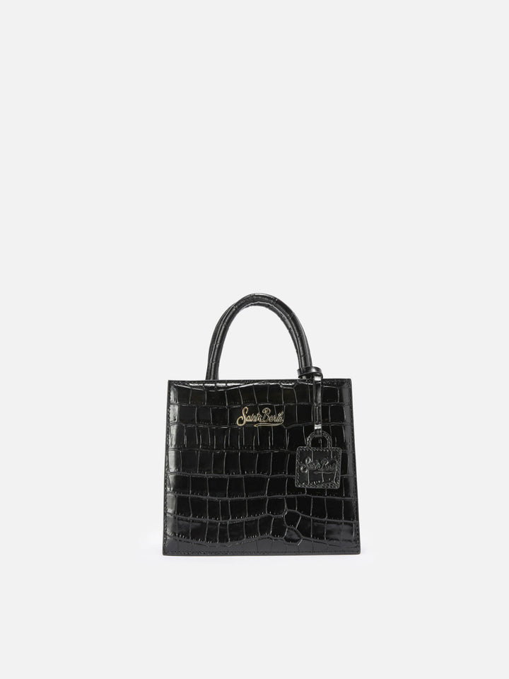 Bolso shopping mini negro en piel con estampado croco 